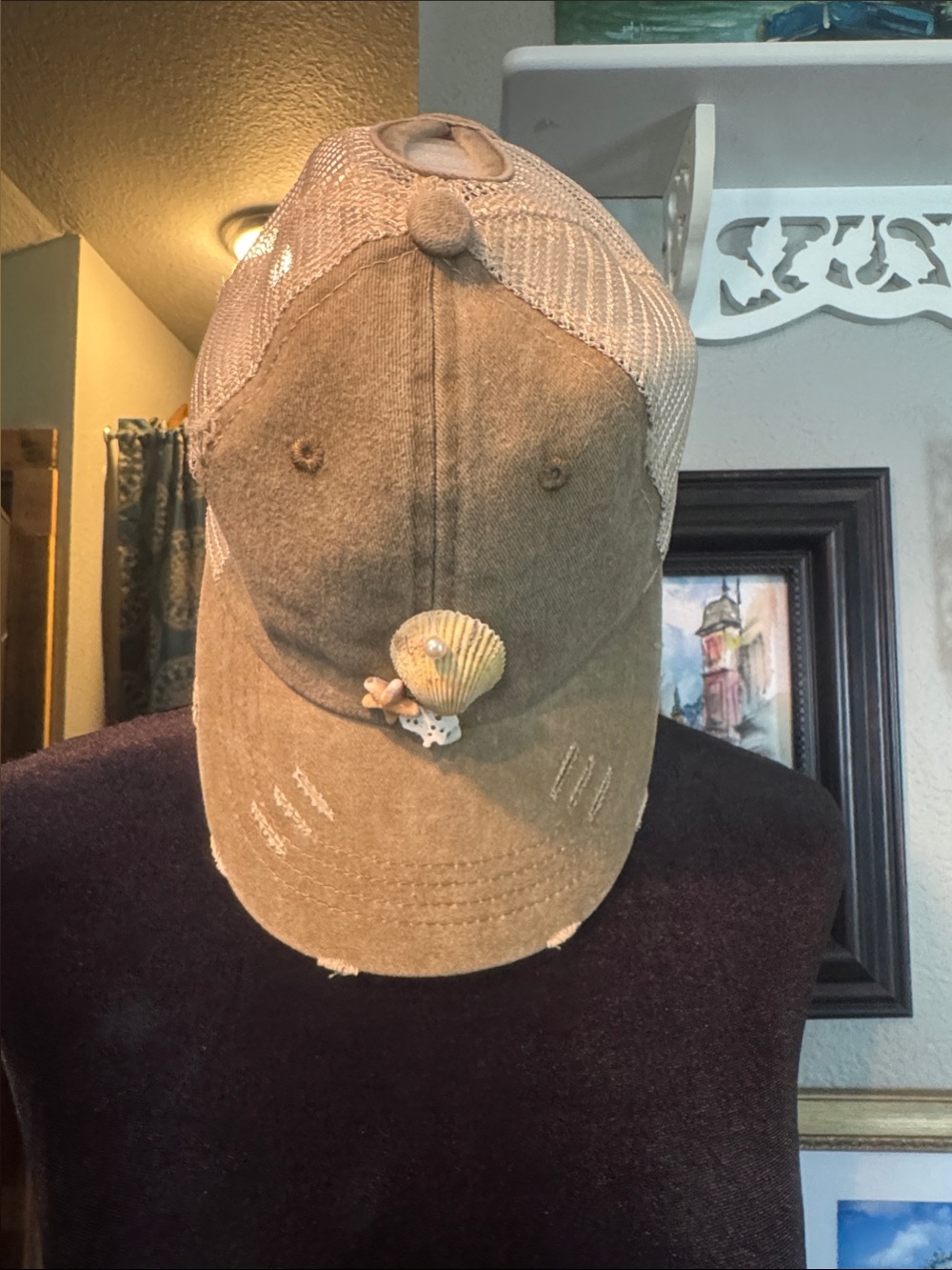 Tan Distressed Mesh-Back Baseball Cap with Seashell Accent